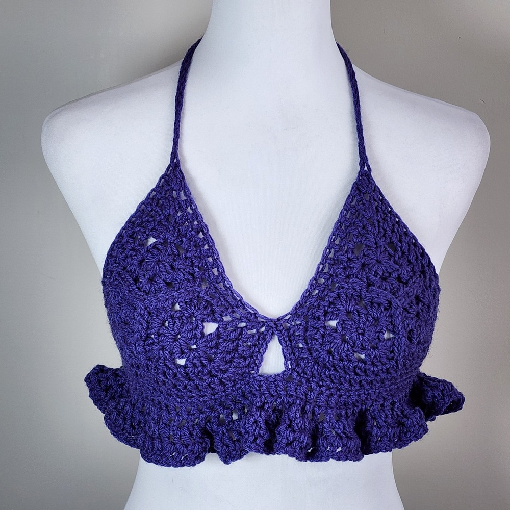 Crochet Halter Top Womens Small Purple Ruffle Boho Festival Hippie Bikini 70s